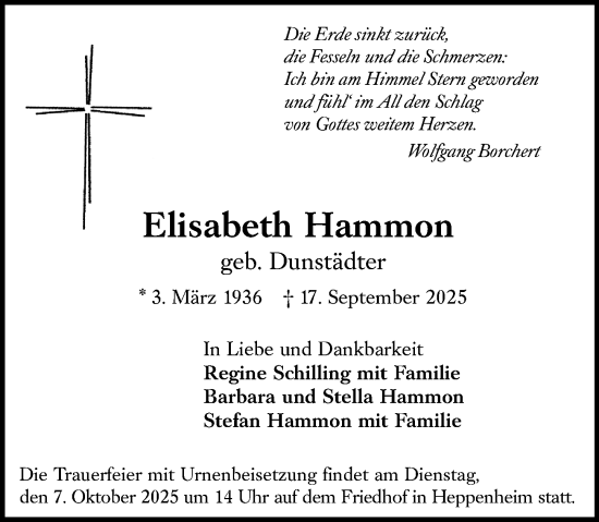 Traueranzeige von Elisabeth Hammon von Starkenburger Echo
