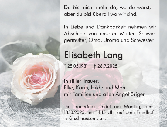 Traueranzeige von Elisabeth Lang von Starkenburger Echo