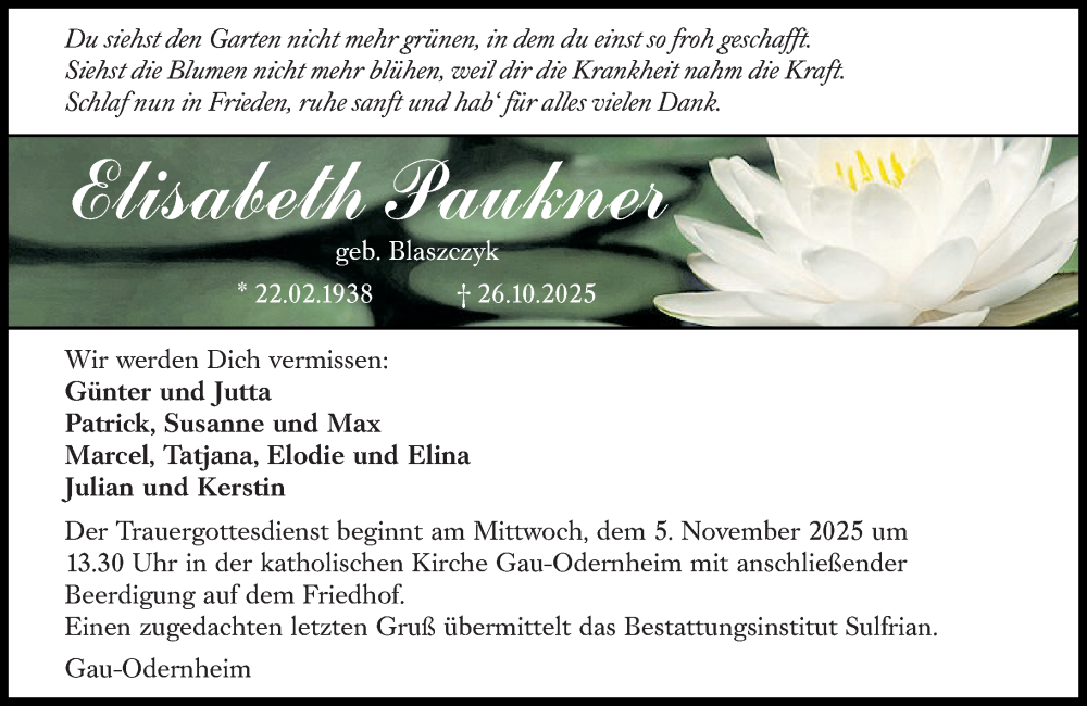  Traueranzeige für Elisabeth Paukner vom 31.10.2025 aus Allgemeine Zeitung Alzey