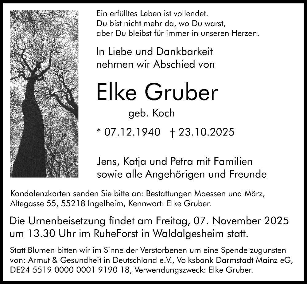  Traueranzeige für Elke Gruber vom 31.10.2025 aus Allgemeine Zeitung Mainz