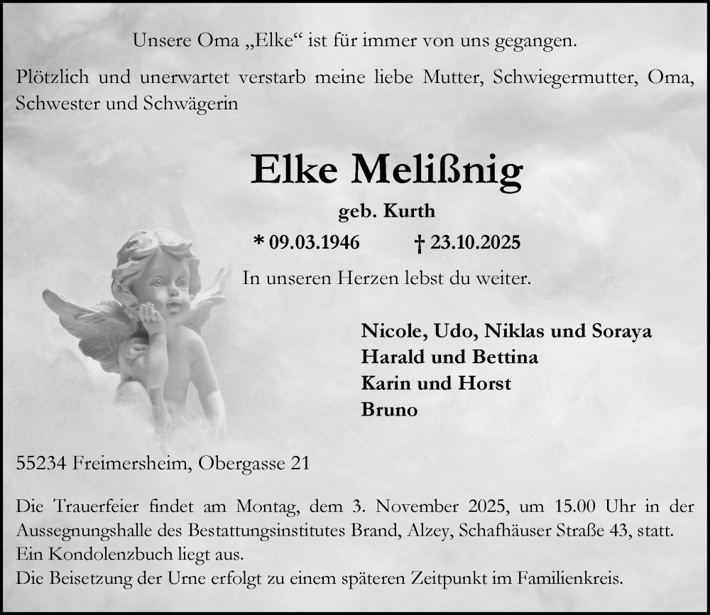  Traueranzeige für Elke Melißnig vom 25.10.2025 aus Allgemeine Zeitung Alzey