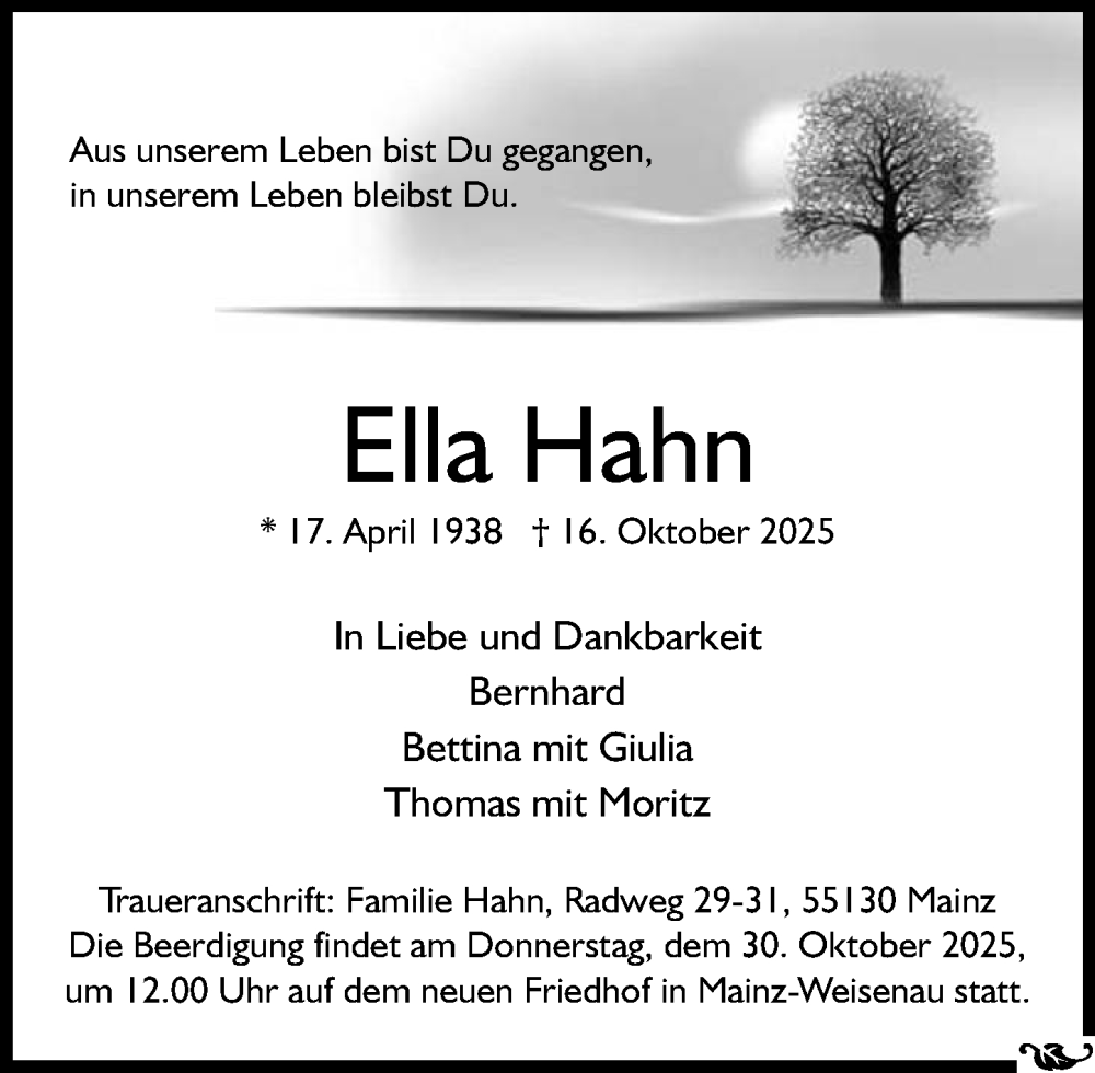  Traueranzeige für Ella Hahn vom 25.10.2025 aus Allgemeine Zeitung Mainz