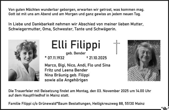 Traueranzeige von Elli Filippi von Allgemeine Zeitung Mainz