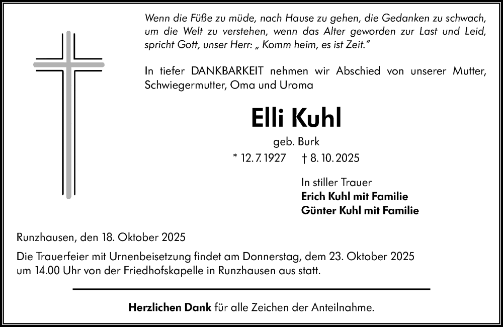  Traueranzeige für Elli Kuhl vom 18.10.2025 aus Hinterländer Anzeiger