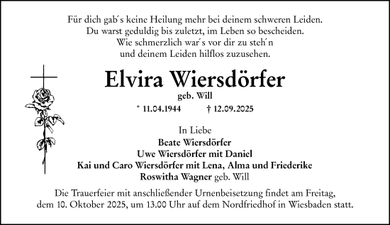 Traueranzeige von Elvira Wiersdörfer von Wiesbadener Kurier