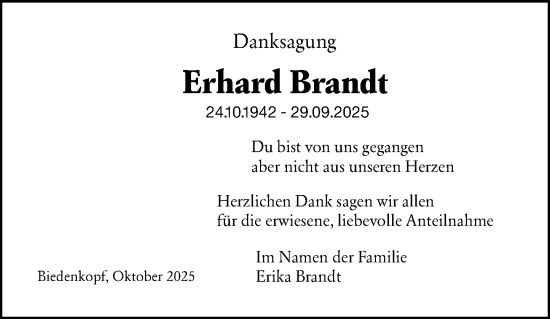 Traueranzeige von Erhard Brandt von Hinterländer Anzeiger