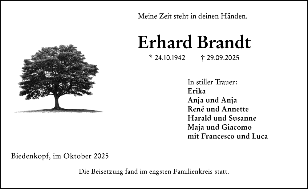  Traueranzeige für Erhard Brandt vom 10.10.2025 aus Hinterländer Anzeiger