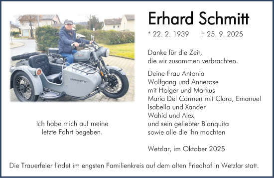 Traueranzeige von Erhard Schmitt von Wetzlarer Neue Zeitung