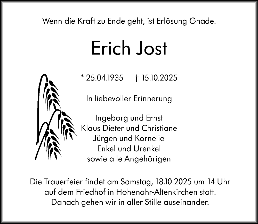  Traueranzeige für Erich Jost vom 17.10.2025 aus Wetzlarer Neue Zeitung