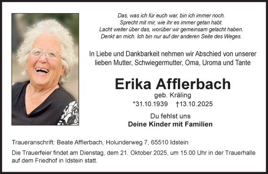 Traueranzeige von Erika Afflerbach von Idsteiner Land/Untertaunus