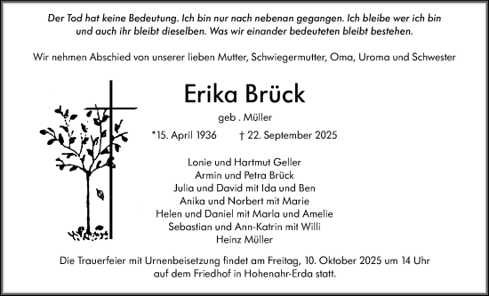Traueranzeige von Erika Brück von Wetzlarer Neue Zeitung