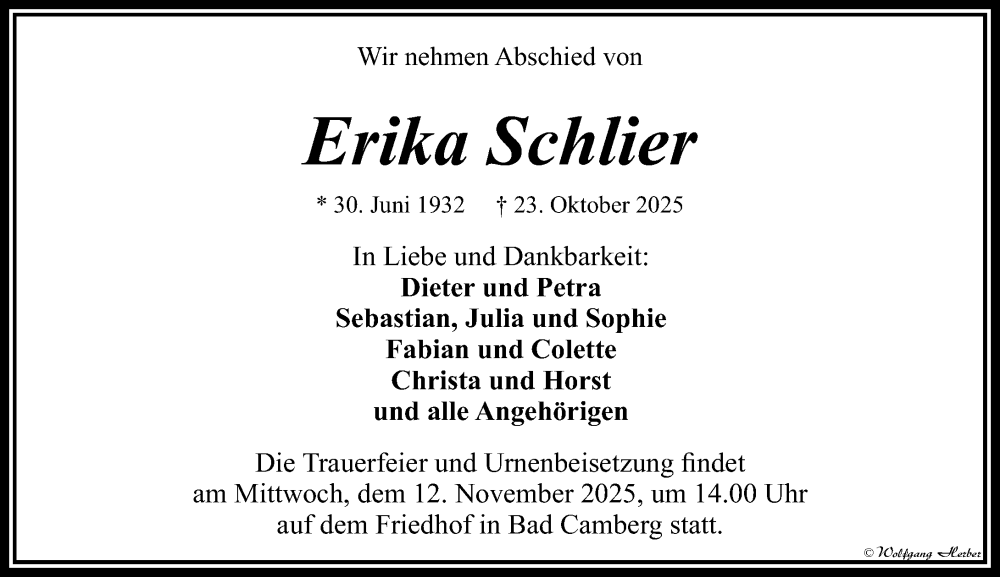  Traueranzeige für Erika Schlier vom 01.11.2025 aus Nassauische Neue Presse