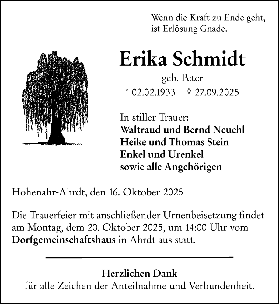  Traueranzeige für Erika Schmidt vom 16.10.2025 aus Wetzlarer Neue Zeitung