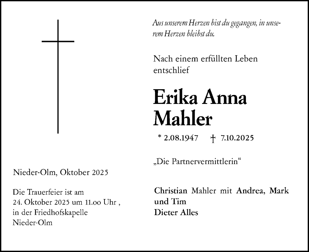  Traueranzeige für Erika Anna Mahler vom 17.10.2025 aus Allgemeine Zeitung Mainz