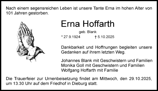 Traueranzeige von Erna Hoffarth von Dieburger Anzeiger/Groß-Zimmerner Lokal-Anzeiger