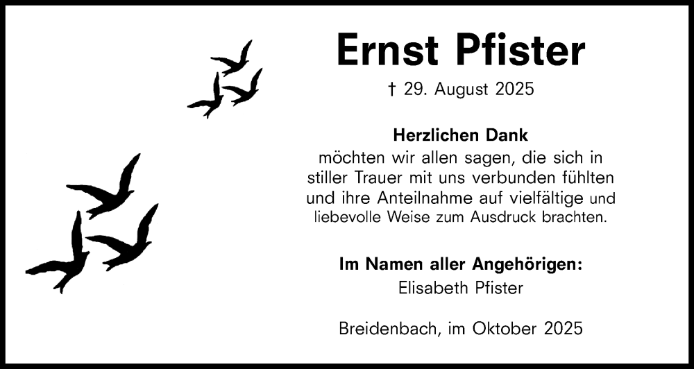  Traueranzeige für Ernst Pfister vom 08.10.2025 aus Hinterländer Anzeiger