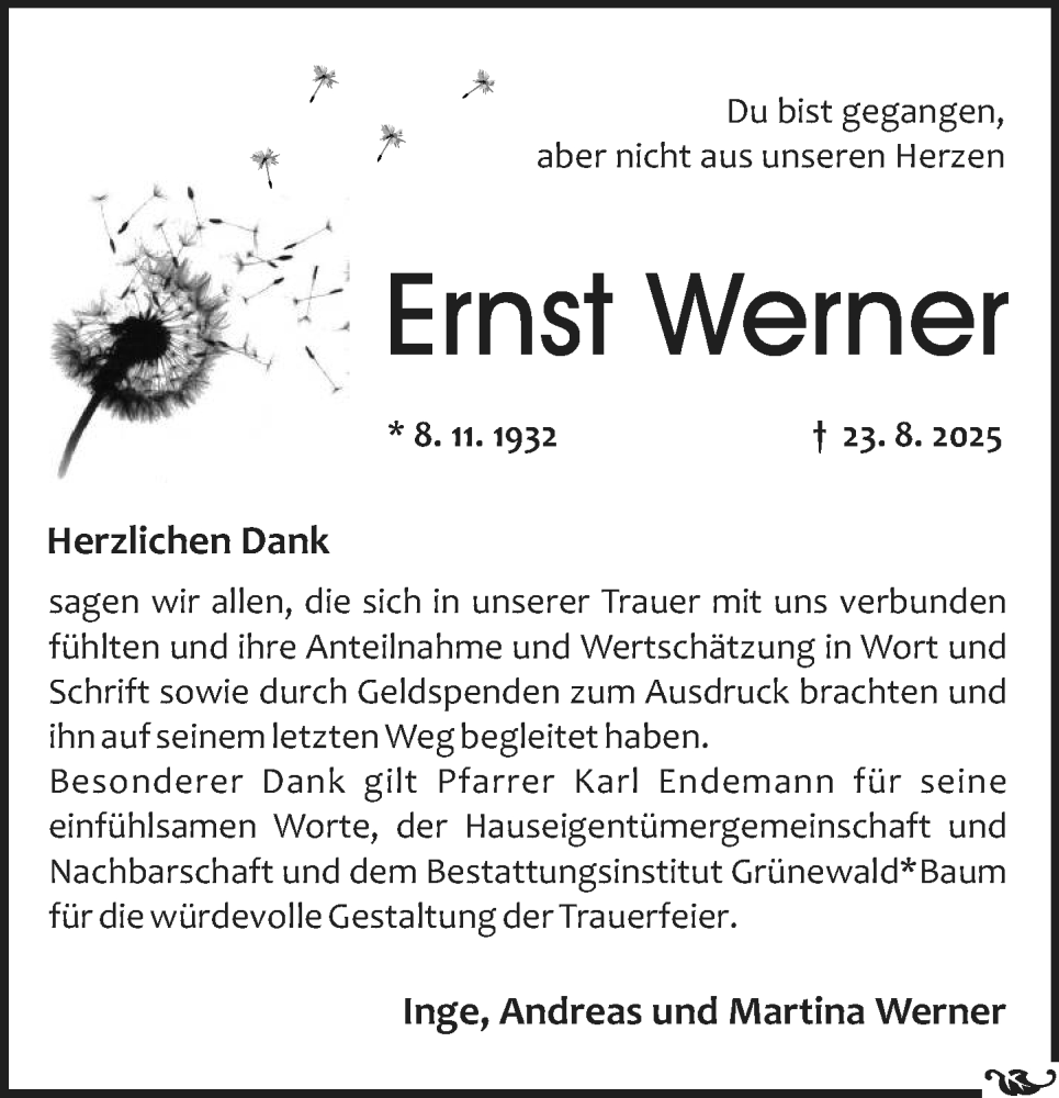  Traueranzeige für Ernst Werner vom 04.10.2025 aus Allgemeine Zeitung Mainz