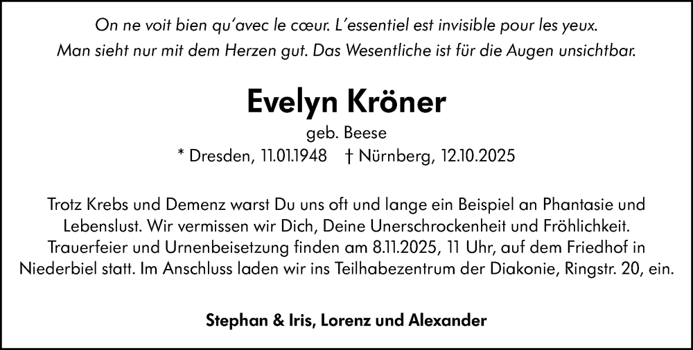  Traueranzeige für Evelyn Kröner vom 25.10.2025 aus Wetzlarer Neue Zeitung