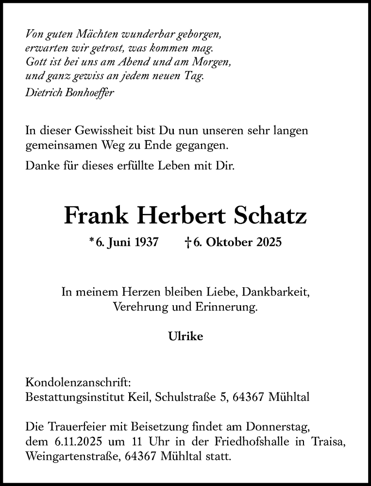  Traueranzeige für Frank Herbert Schatz vom 25.10.2025 aus Darmstädter Echo