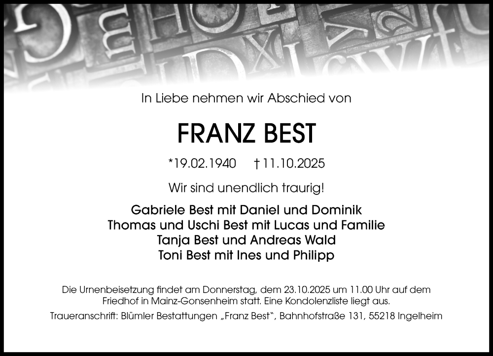  Traueranzeige für Franz Best vom 18.10.2025 aus Allgemeine Zeitung Mainz