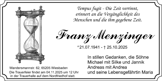 Traueranzeige von Franz Menzinger von Wiesbadener Kurier