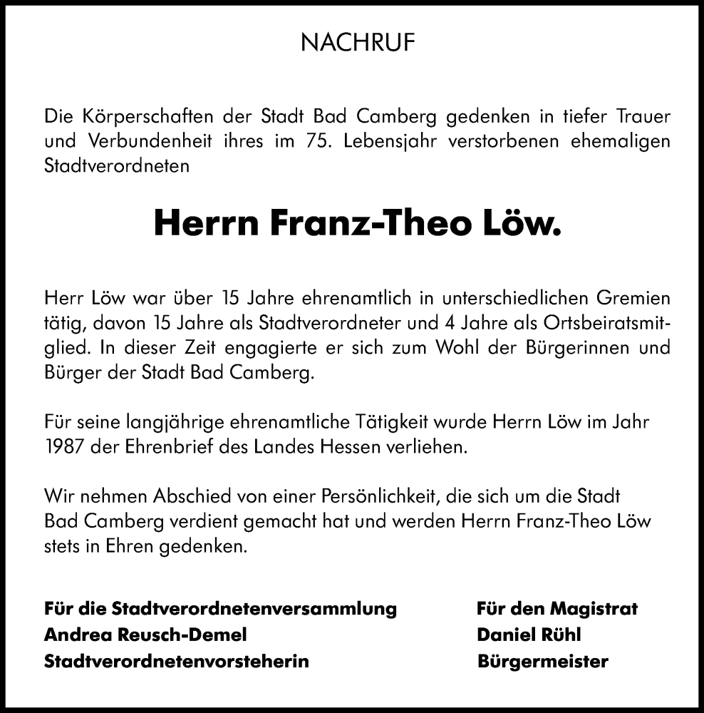  Traueranzeige für Franz-Theo Löw vom 23.10.2025 aus Camberger Anzeiger