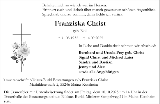 Traueranzeige von Franziska Christ von Allgemeine Zeitung Mainz