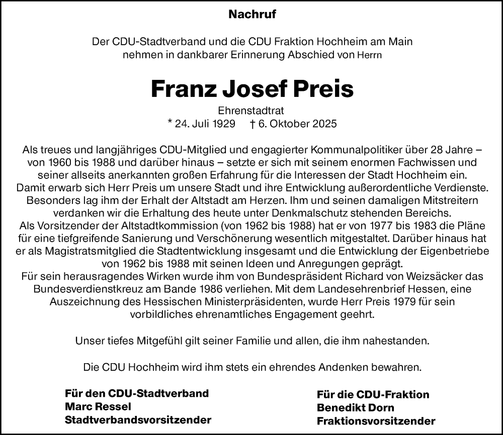 Traueranzeige für Franz Josef Preis vom 10.10.2025 aus Hochheimer Zeitung