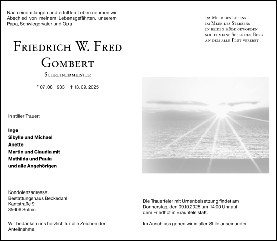 Traueranzeige von Friedrich W. Fred Gombert von Wetzlarer Neue Zeitung