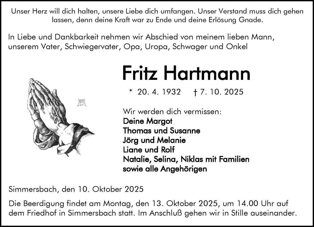  Traueranzeige für Fritz Hartmann vom 10.10.2025 aus Dill Block
