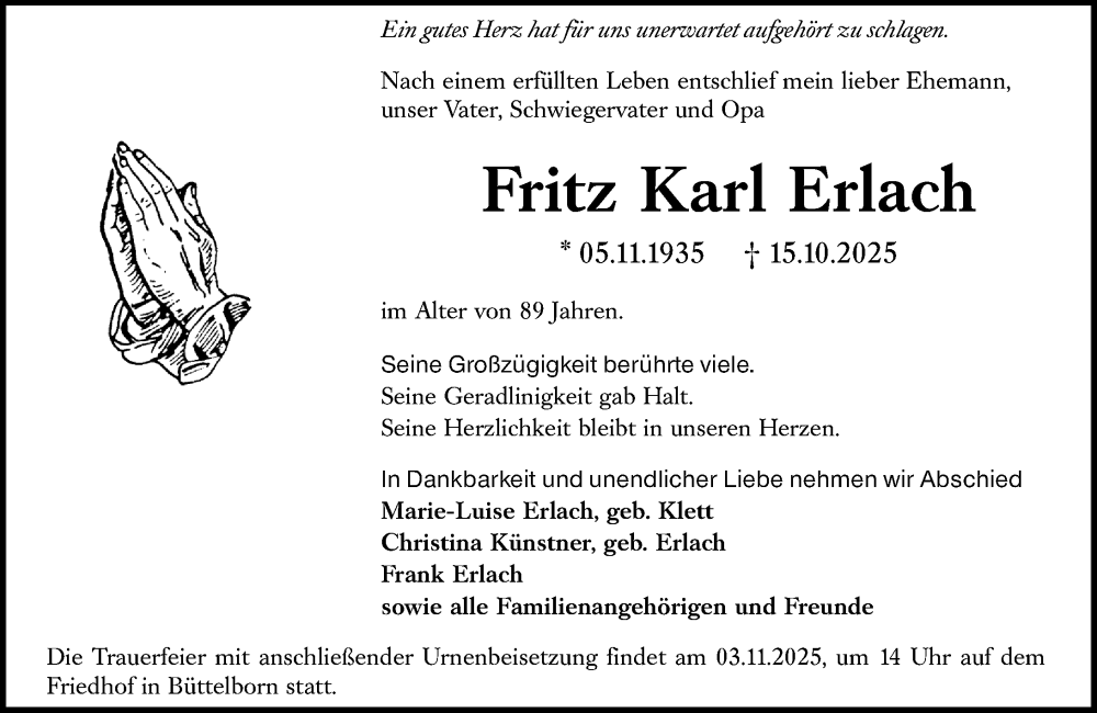  Traueranzeige für Fritz Karl Erlach vom 25.10.2025 aus Groß-Gerauer Echo
