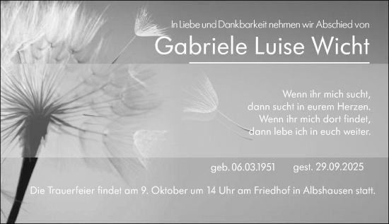 Traueranzeige von Gabriele Luise Wicht von Wetzlarer Neue Zeitung