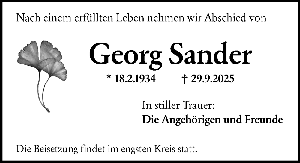  Traueranzeige für Georg Sander vom 01.11.2025 aus Wiesbadener Kurier