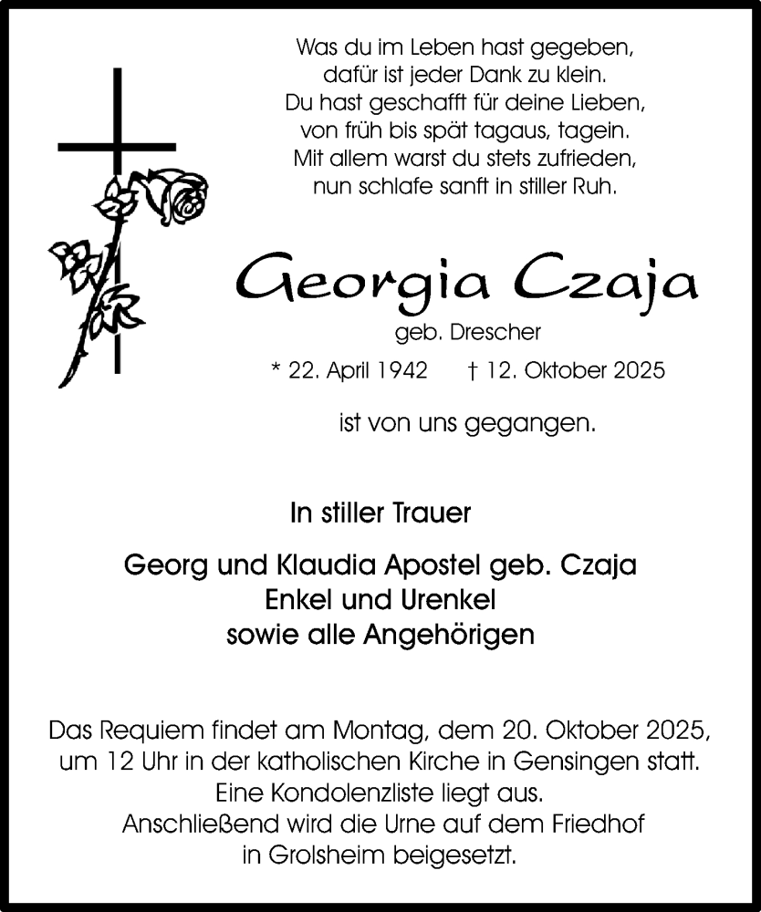  Traueranzeige für Georgia Czaja vom 18.10.2025 aus Allgemeine Zeitung Rheinhessen-Nahe