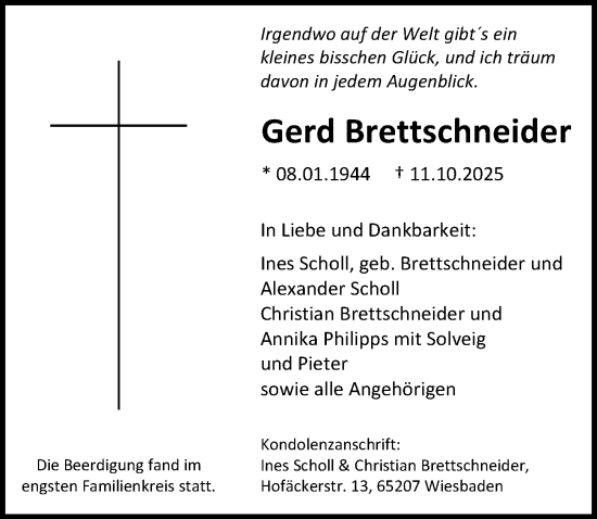 Traueranzeige von Gerd Brettschneider von Wiesbadener Kurier