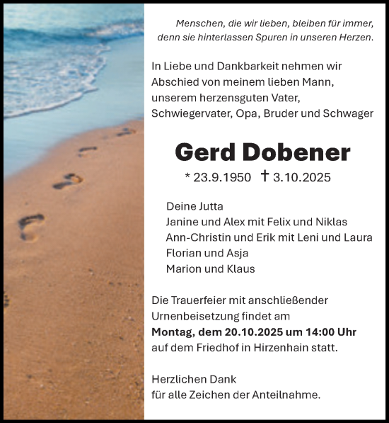 Traueranzeige von Gerd Dobener von Dill Block
