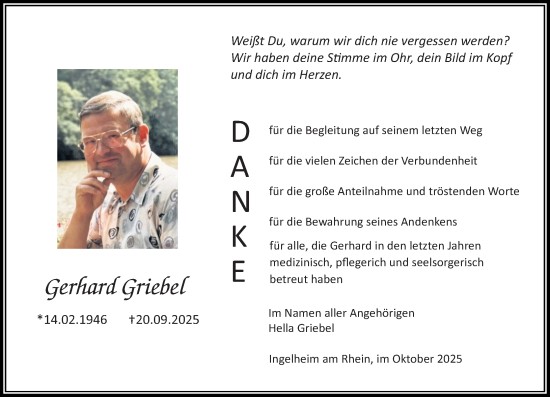 Traueranzeige von Gerhard Griebel von Allgemeine Zeitung Rheinhessen-Nahe