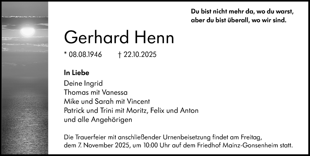  Traueranzeige für Gerhard Henn vom 31.10.2025 aus Allgemeine Zeitung Mainz