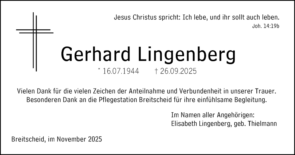  Traueranzeige für Gerhard Lingenberg vom 01.11.2025 aus Dill Block