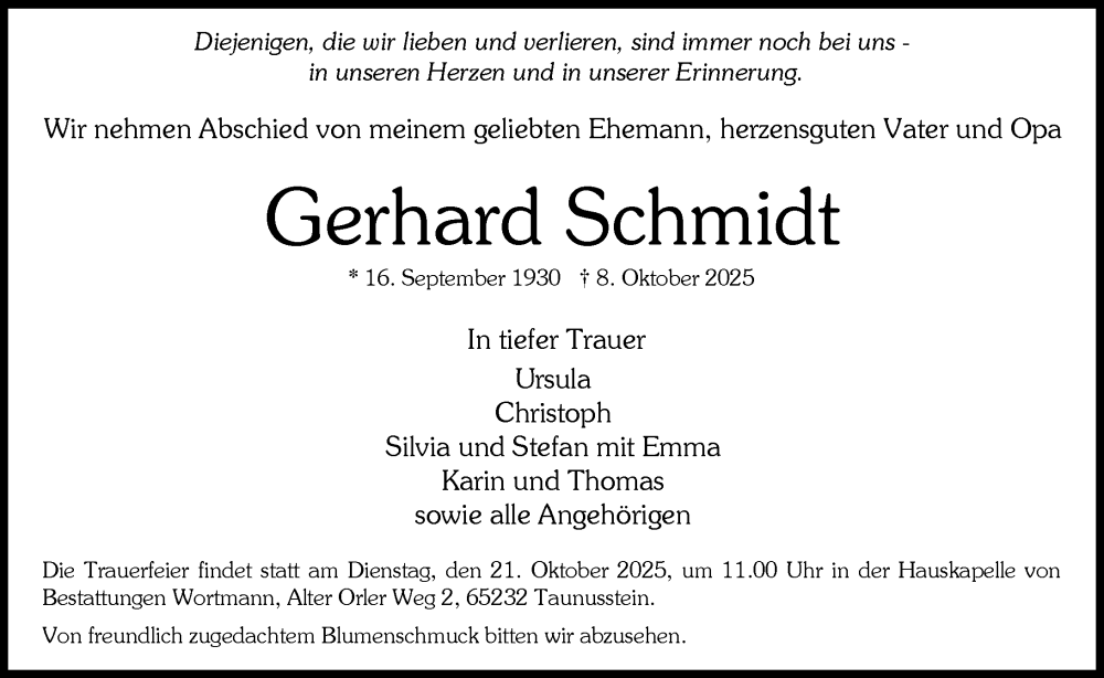  Traueranzeige für Gerhard Schmidt vom 18.10.2025 aus Wiesbadener Kurier