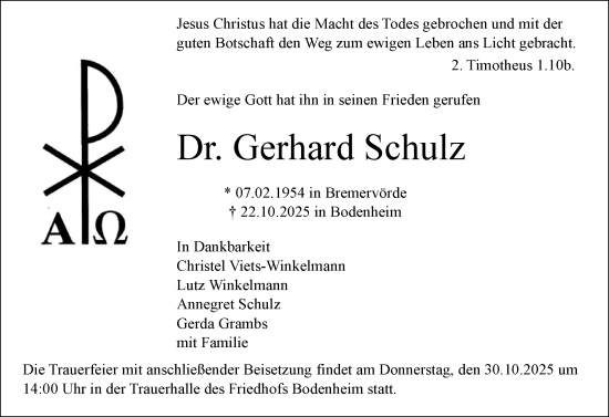 Traueranzeige von Gerhard Schulz von Allgemeine Zeitung Mainz