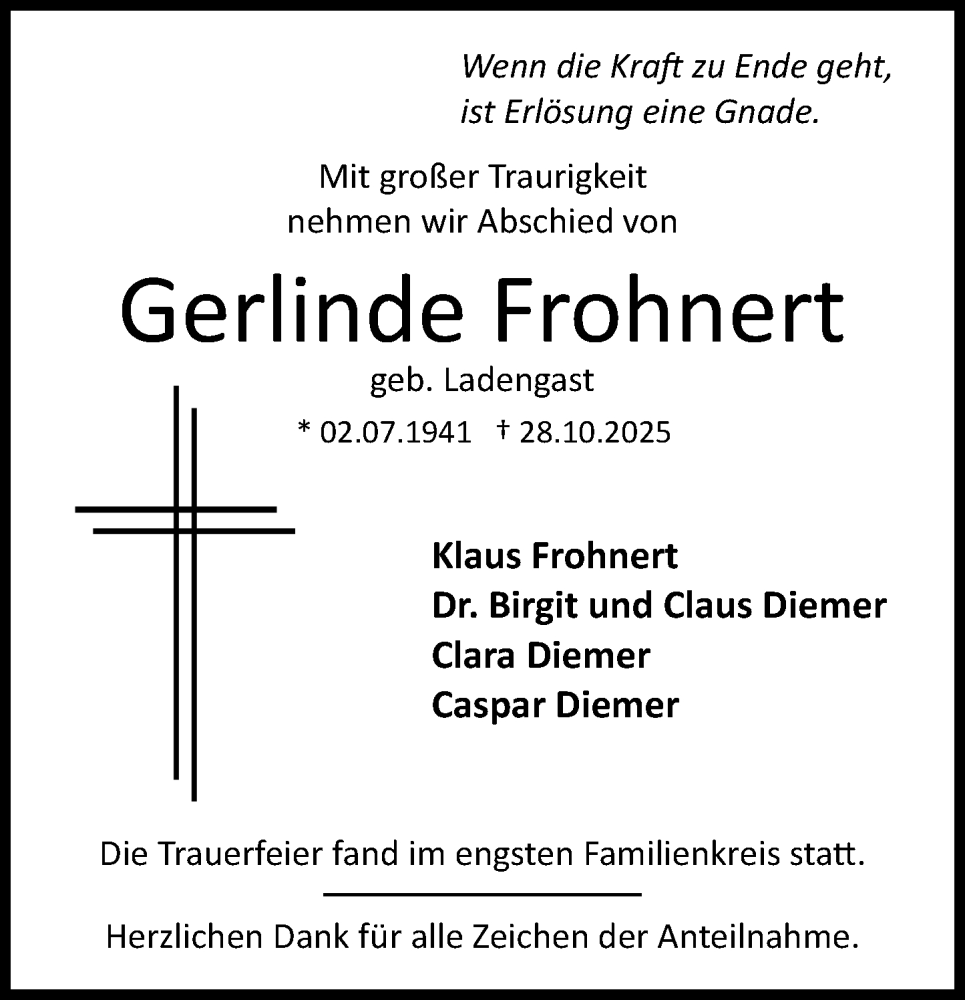  Traueranzeige für Gerlinde Frohnert vom 01.11.2025 aus Dill Block