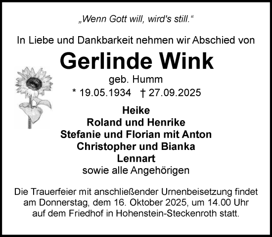 Traueranzeige von Gerlinde Wink von Idsteiner Land/Untertaunus