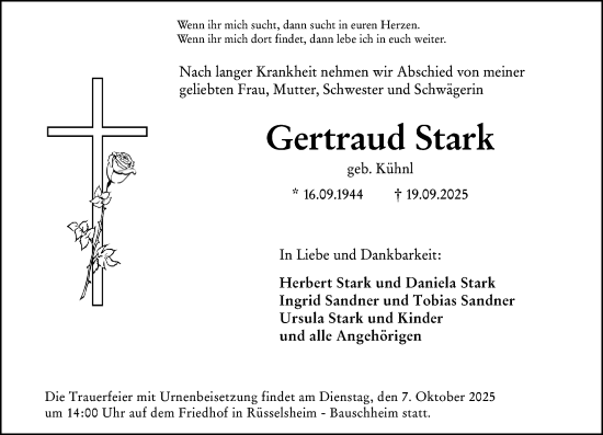 Traueranzeige von Gertraud Stark von Rüsselsheimer Echo