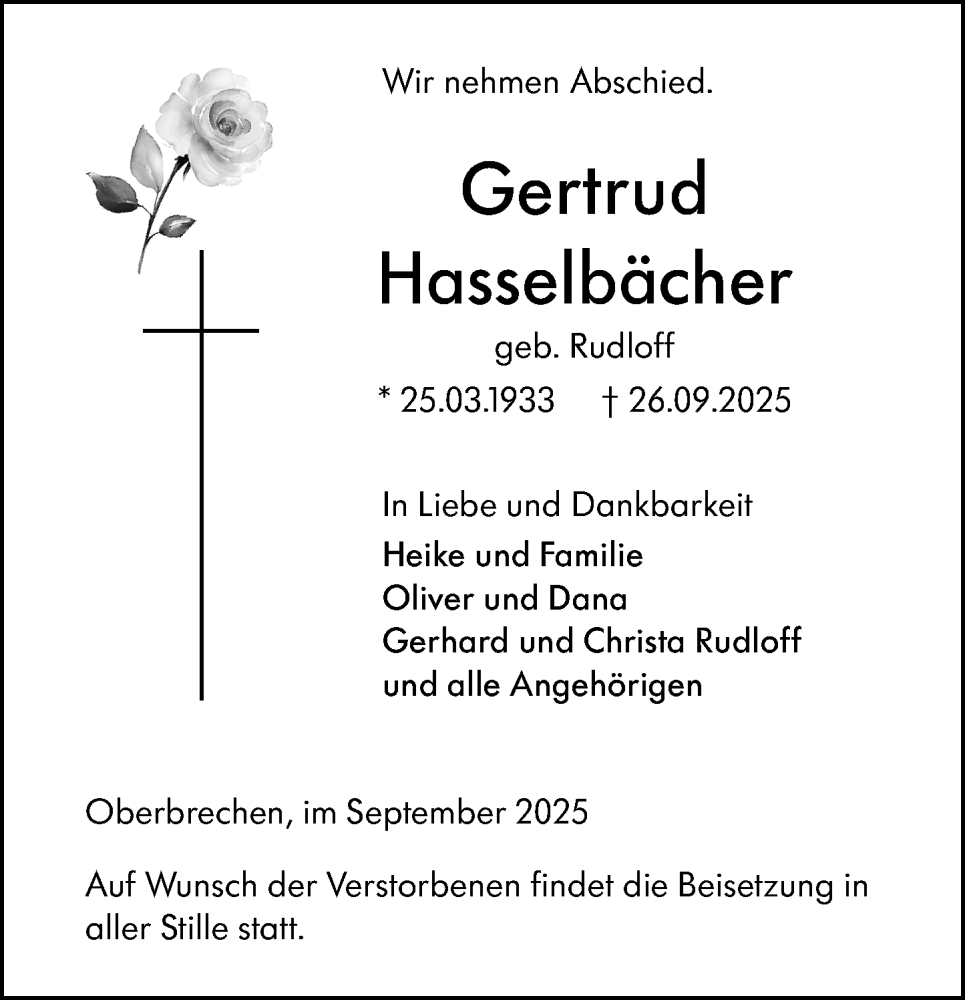  Traueranzeige für Gertrud Hasselbächer vom 02.10.2025 aus Camberger Anzeiger