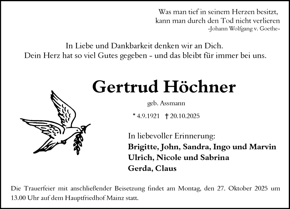  Traueranzeige für Gertrud Höchner vom 25.10.2025 aus Allgemeine Zeitung Mainz