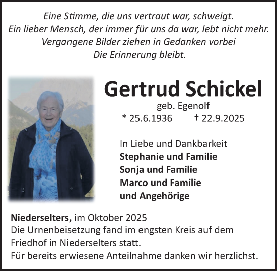 Traueranzeige von Gertrud Schickel von Camberger Anzeiger