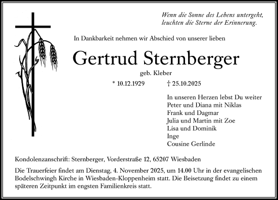 Traueranzeige von Gertrud Sternberger von Wiesbadener Kurier
