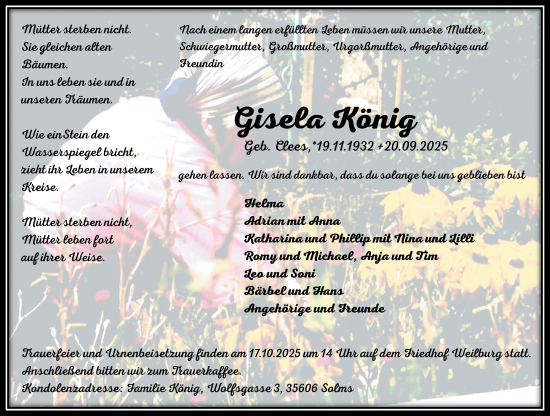 Traueranzeige von Gisela König von Weilburger Tageblatt