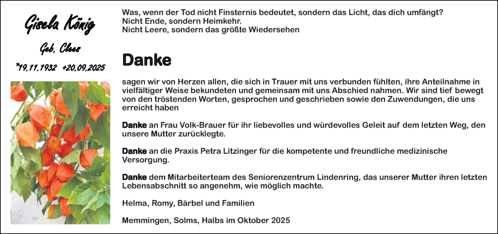  Traueranzeige für Gisela König vom 25.10.2025 aus Weilburger Tageblatt